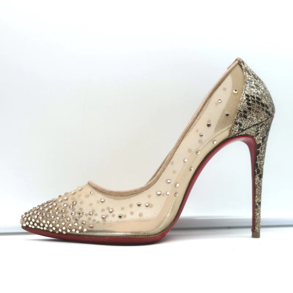 Christian Louboutin Follies Strass 100 Pumps Nude Mesh & Gold Glitter Size 37 - Picture 7 of 12